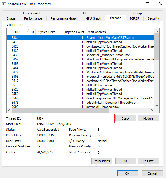SearchUI.exe Properties Threads Working Stack Button