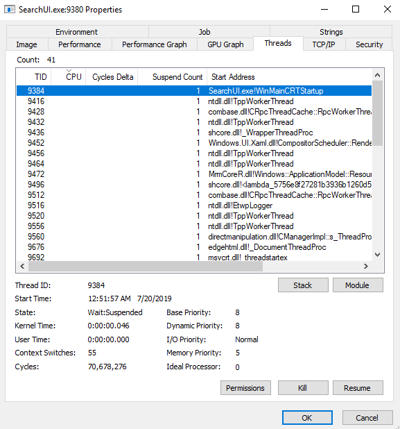 SearchUI.exe Properties Threads Working